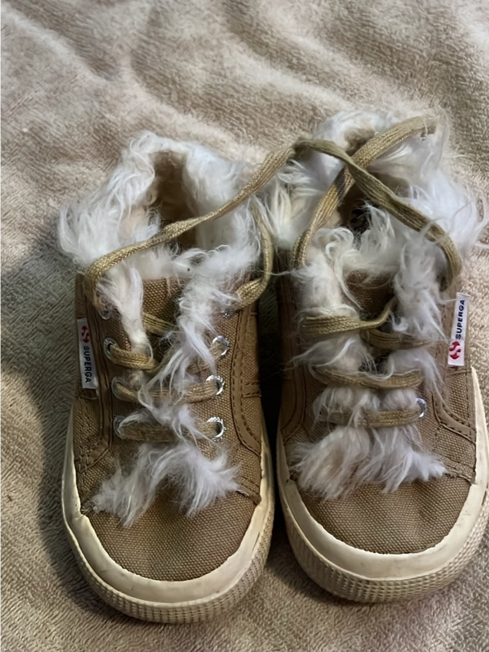 Superga Kids Tan Canvas Sneakers with White Faux Fur Trim